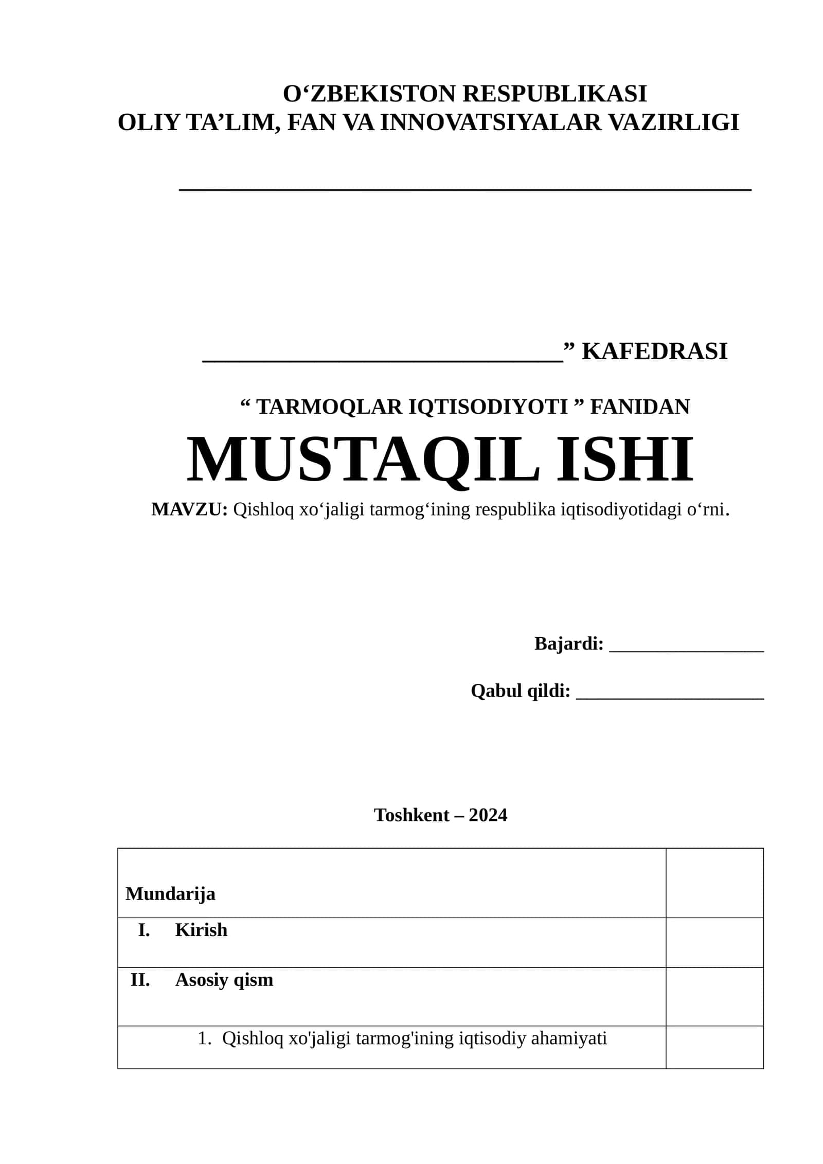 Qishloq xo‘jaligi tarmog‘ining respublika iqtisodiyotidagi o‘rni mavzusida tayyor mustaqil ish 1