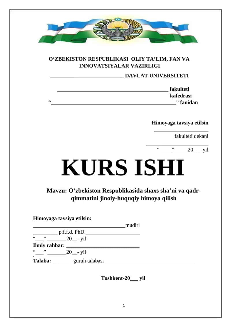 O’zbekiston Respublikasida shaxs sha’ni va qadr-qimmatini jinoiy-huquqiy himoya qilish 1