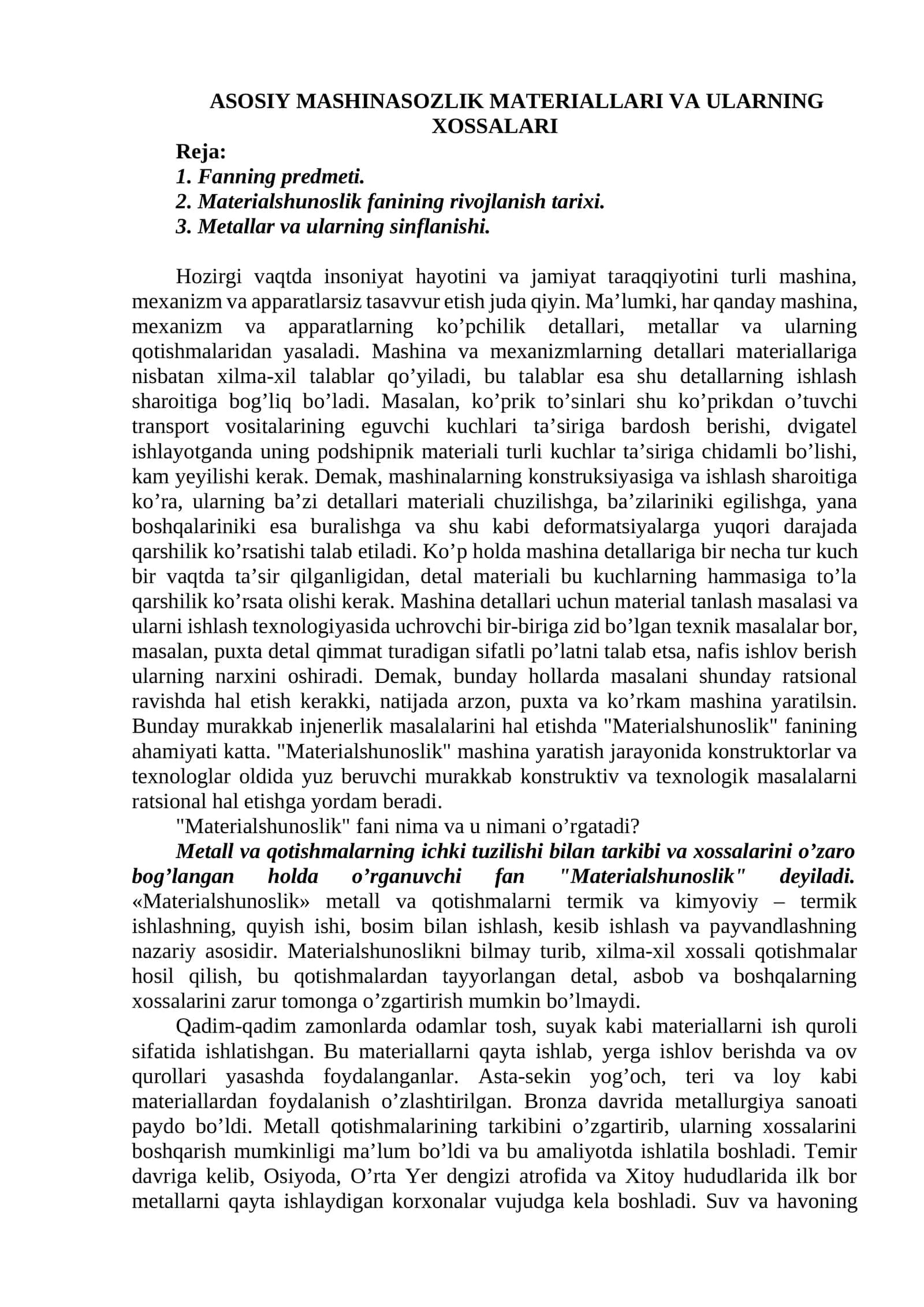 ASOSIY MASHINASOZLIK MATЕRIALLARI VA ULARNING XOSSALARI 1