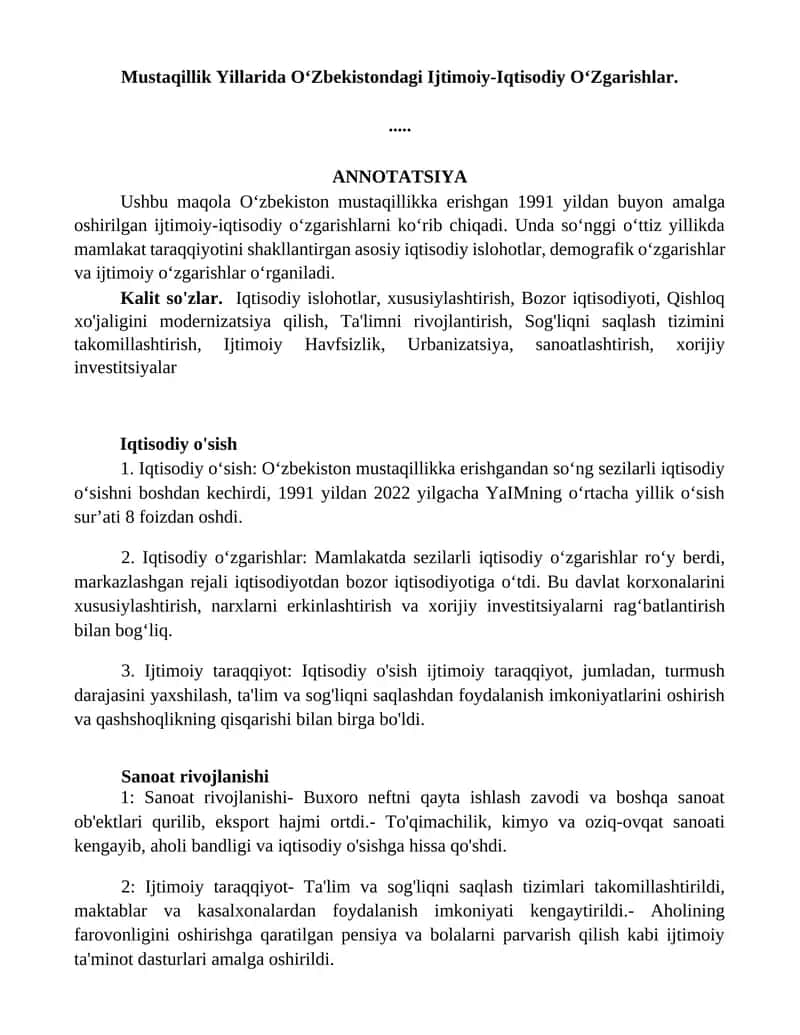 Mustaqillik Yillarida OʻZbekistondagi Ijtimoiy-Iqtisodiy OʻZgarishlar 1