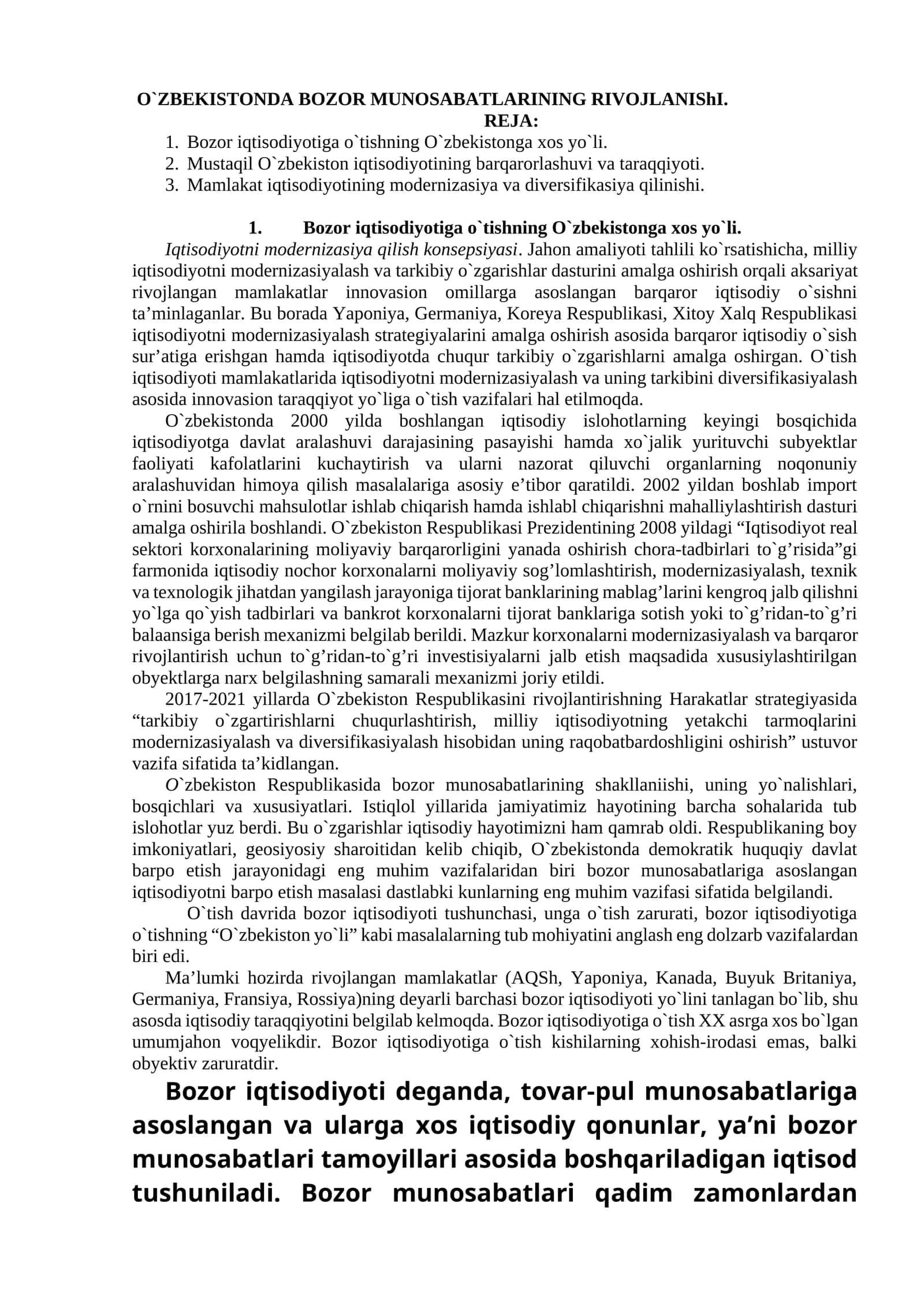 O`ZBEKISTONDA BOZOR MUNOSABATLARINING RIVOJLANIShI 1