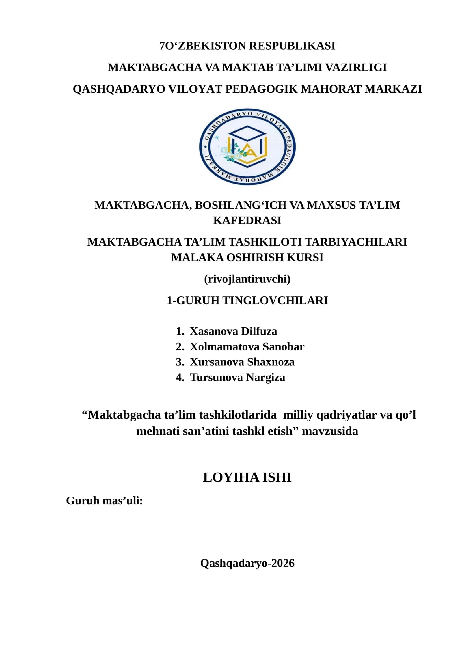 Maktabgacha ta’lim tashkilotlarida milliy qadriyatlar va qo’l mehnati san’atini tashkl etish 1