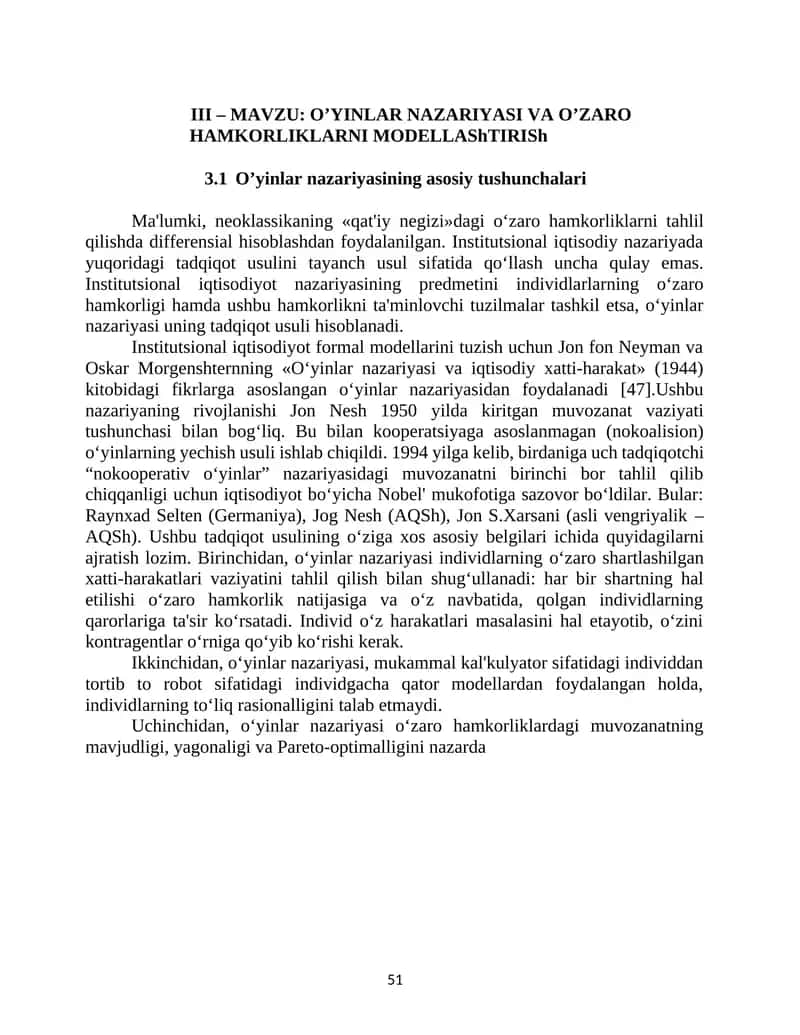 O’YINLAR NAZARIYASI VA O’ZARO HAMKORLIKLARNI MODELLAShTIRISh 1