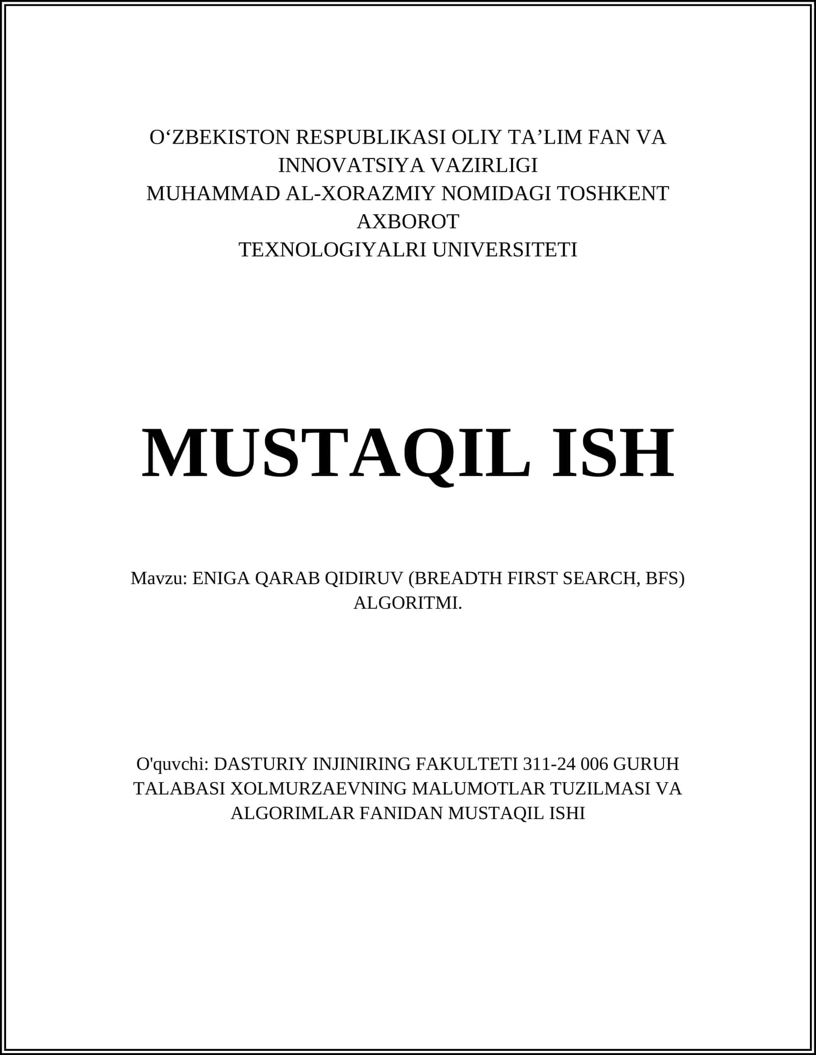 ENIGA QARAB QIDIRUV (BREADTH FIRST SEARCH, BFS) ALGORITMI 1
