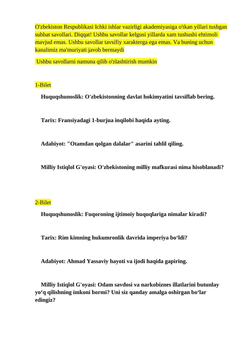 O'zbekiston Respublikasi Ichki ishlar vazirligi akademiyasiga o'tkan yillari tushgan suhbat savollari 1