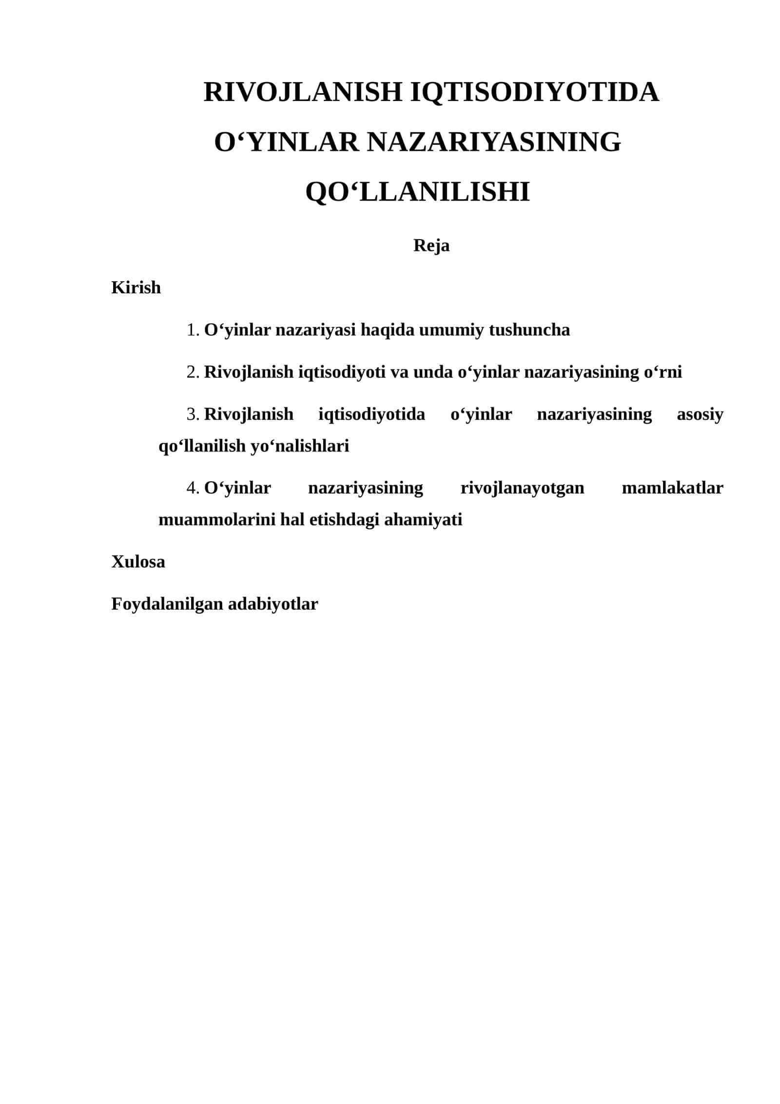 RIVOJLANISH IQTISODIYOTIDA O‘YINLAR NAZARIYASINING QO‘LLANILISHI 1
