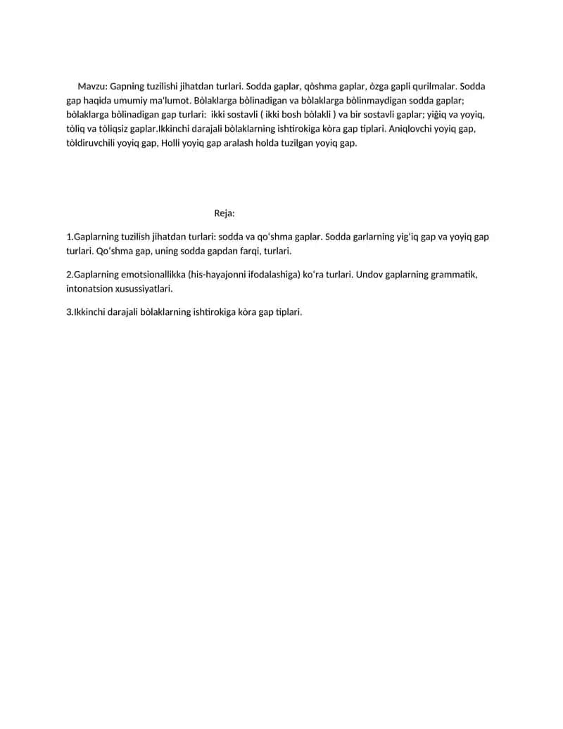 Gapning tuzilishi jihatdan turlari. Sodda gaplar, qo'shma gaplar, o'zga gapli qurilmalar. 1