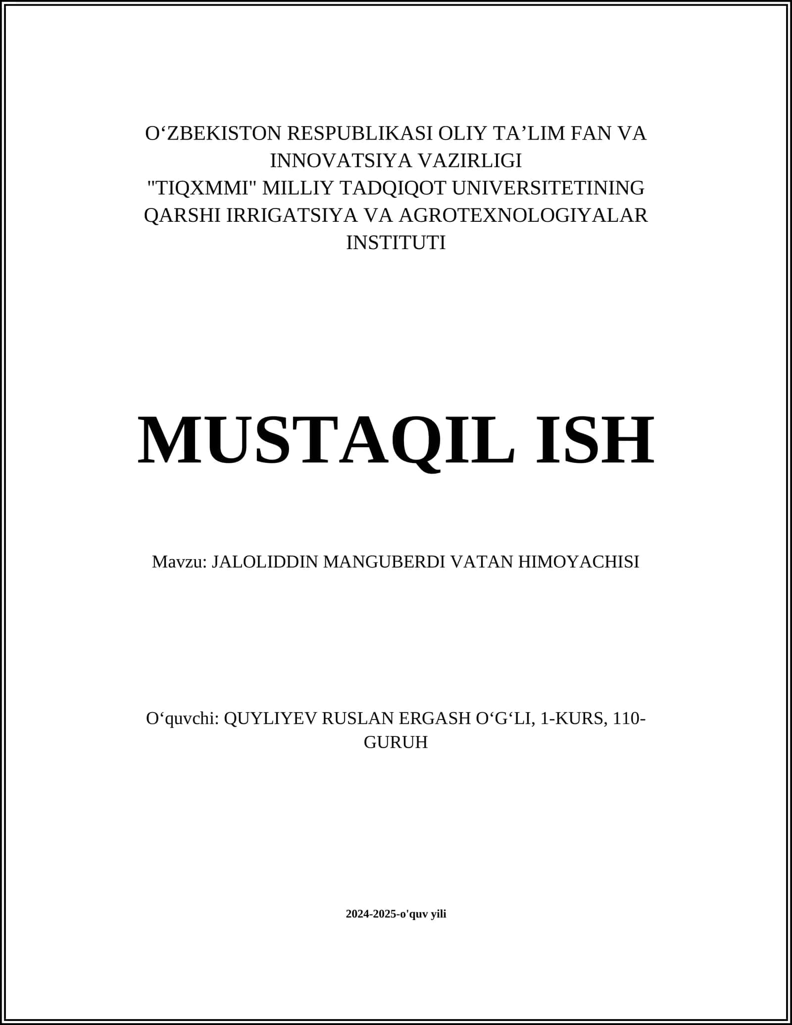 JALOLIDDIN MANGUBERDI VATAN HIMOYACHISI 1