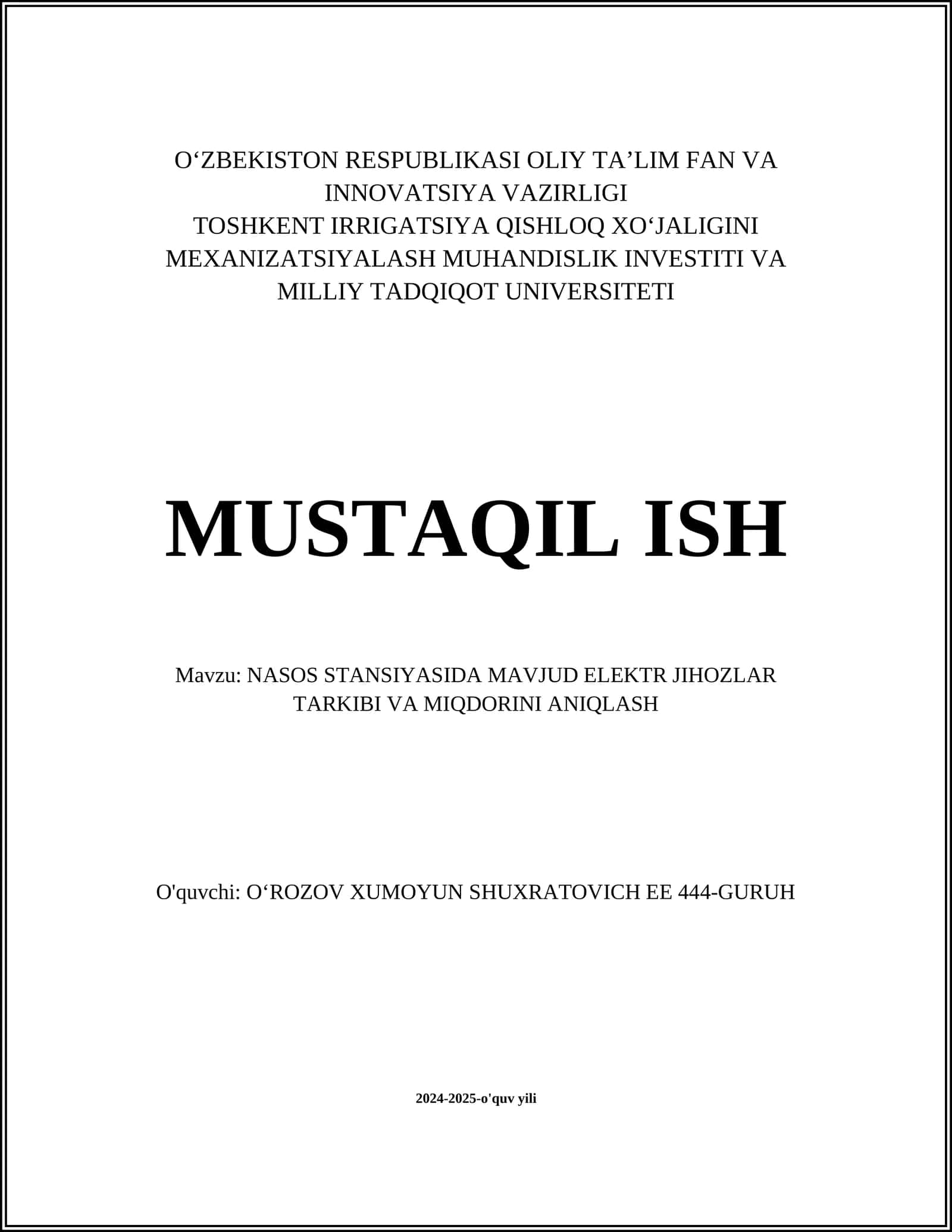 NASOS STANSIYASIDA MAVJUD ELEKTR JIHOZLAR TARKIBI VA MIQDORINI ANIQLASH 1