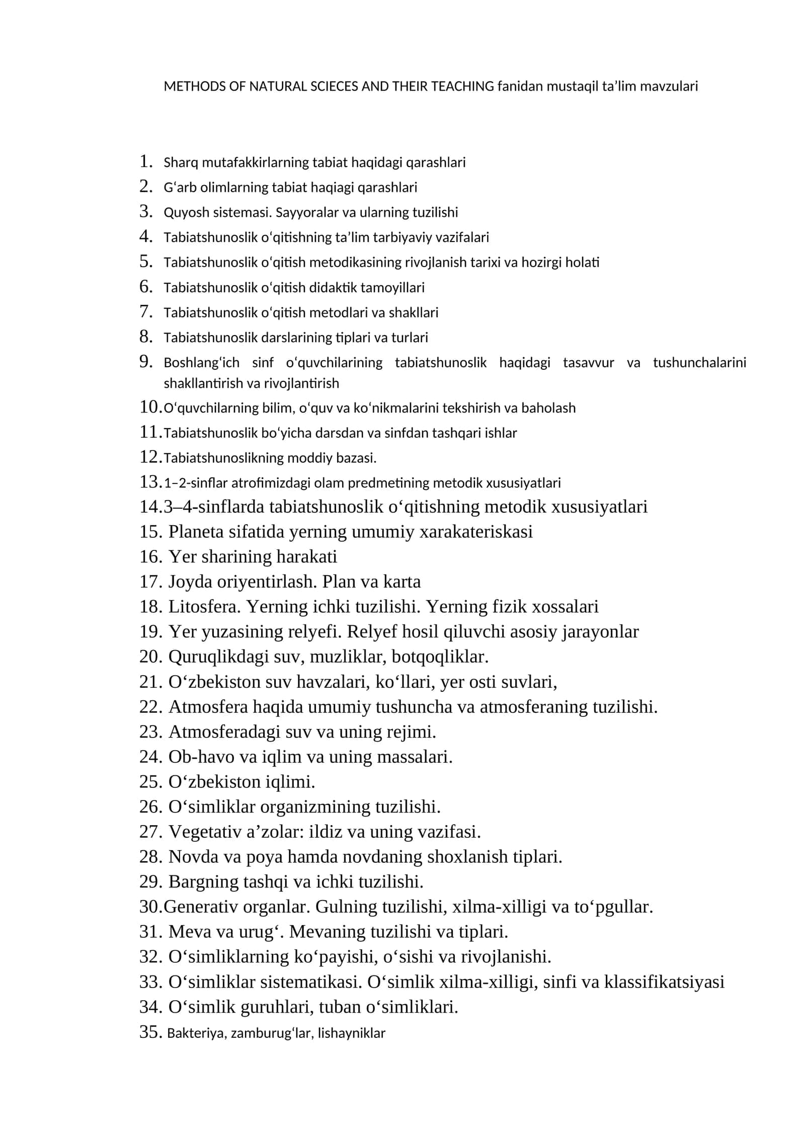 METHODS OF NATURAL SCIECES AND THEIR TEACHING fanidan mustaqil ta’lim mavzulari 1