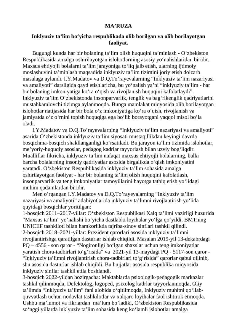 Inklyuziv ta’lim bo‘yicha respublikada olib borilgan va olib borilayotgan faoliyat. 1