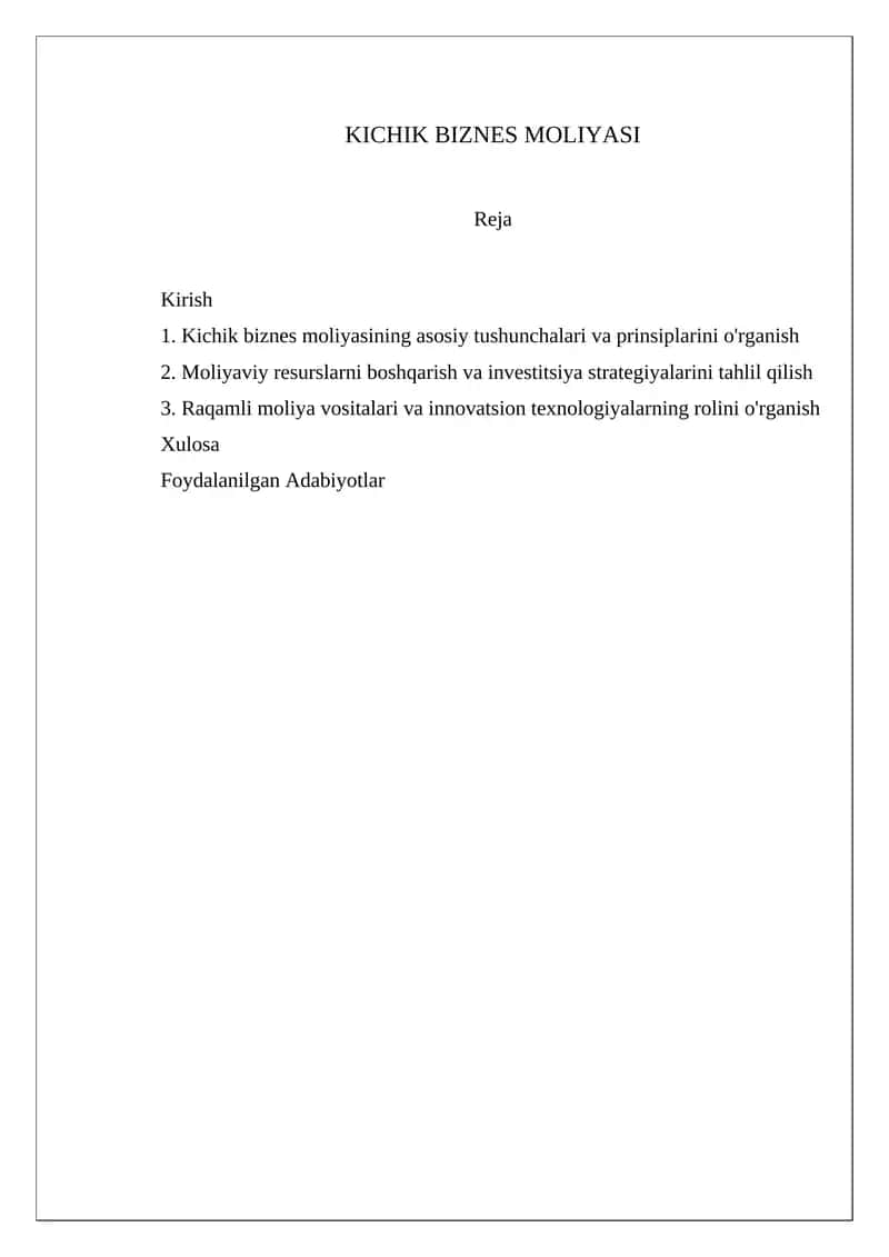 Kichik biznes moliyasi 1
