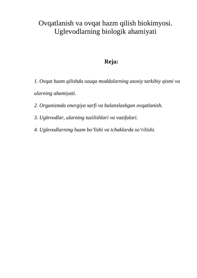 Ovqatlanish va ovqat hazm qilish biokimyosi 1