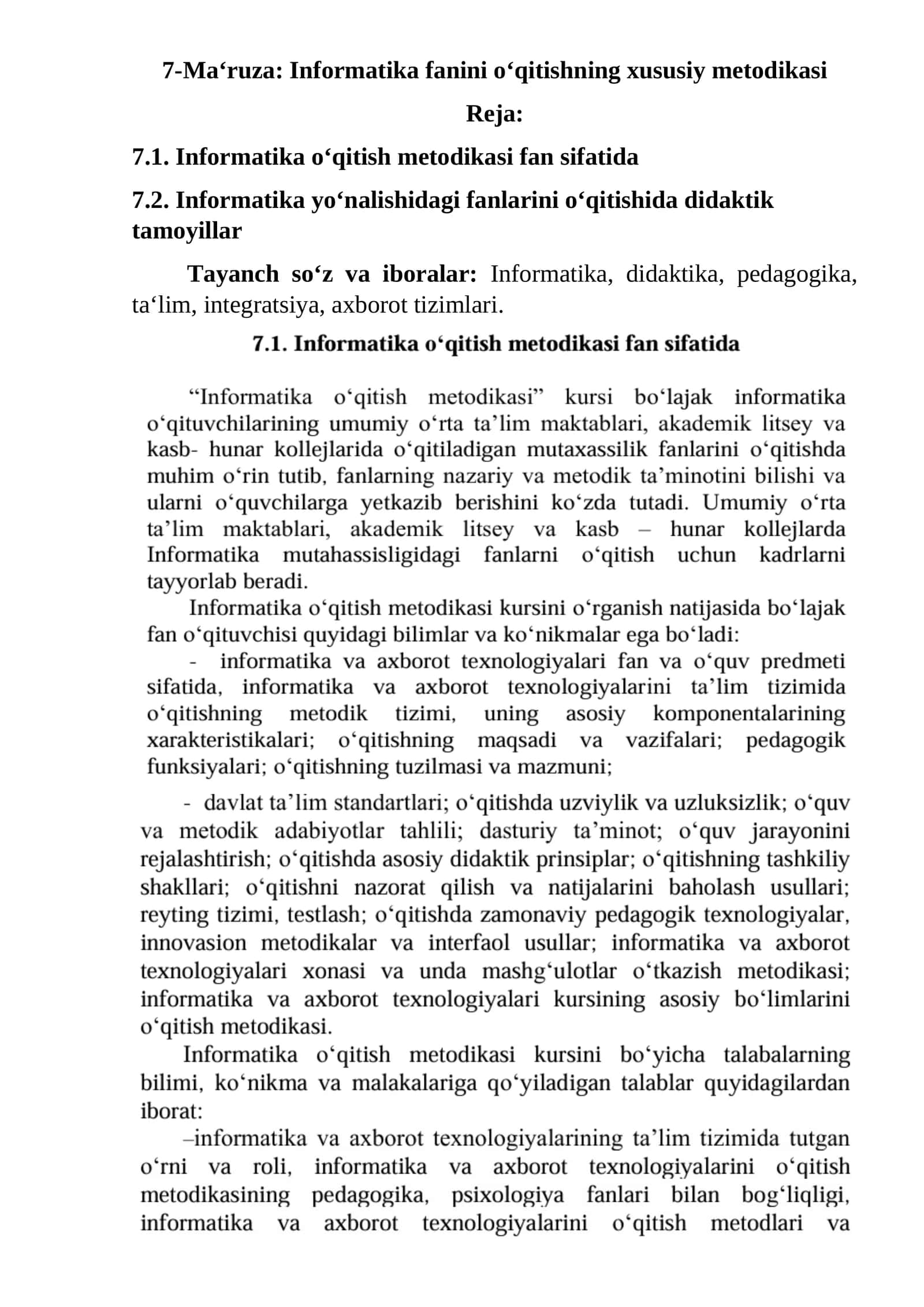 Informatika fanini o‘qitishning xususiy metodikasi 1