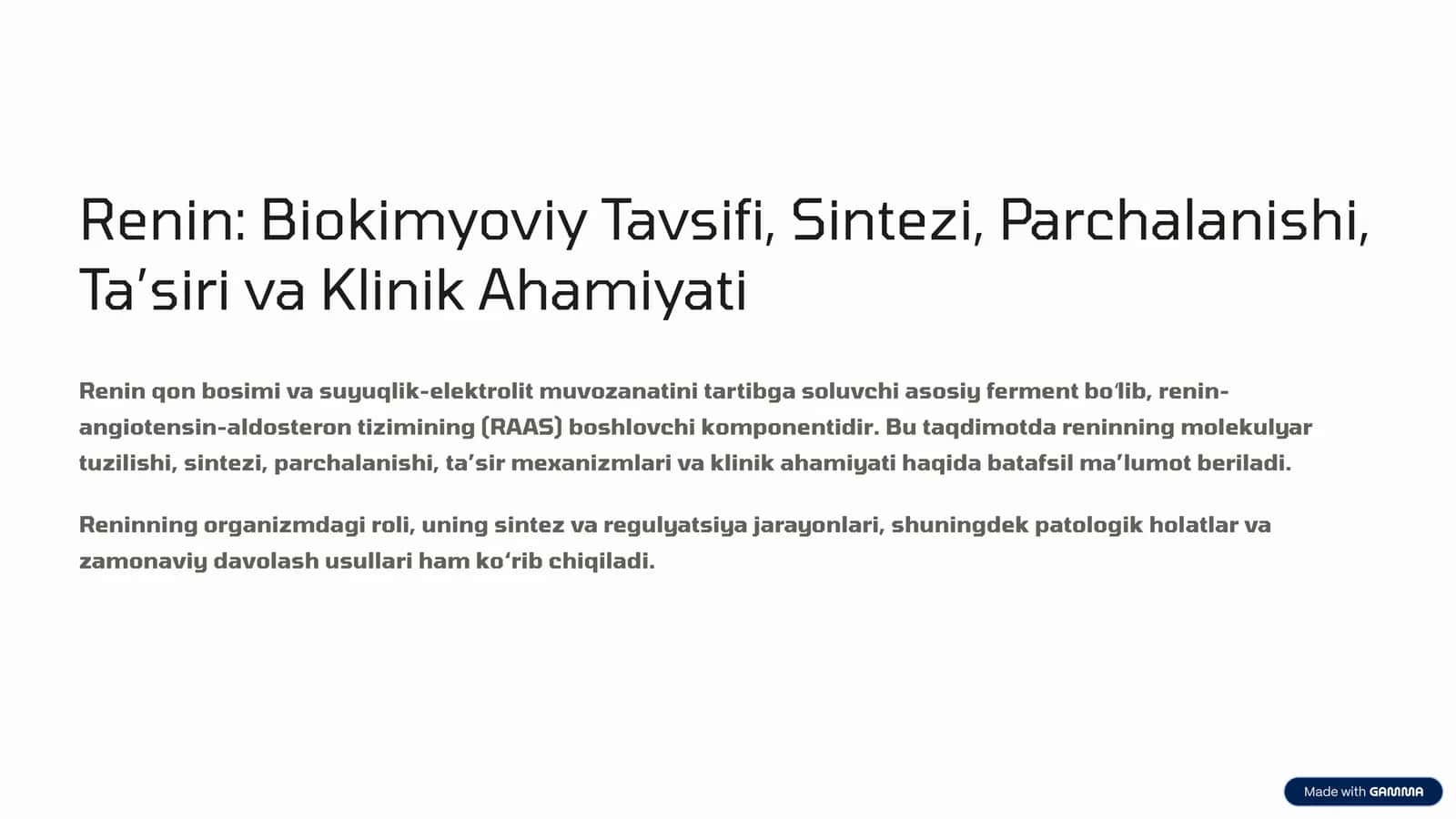 Renin: Biokimyoviy Tavsifi, Sintezi, Parchalanishi, Ta’siri va Klinik Ahamiyati 1