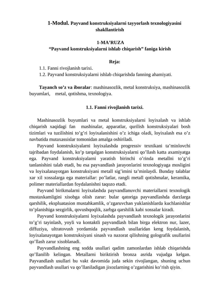 Payvand Konstruksiyalar Tayyorlash Texnologiyasi 1