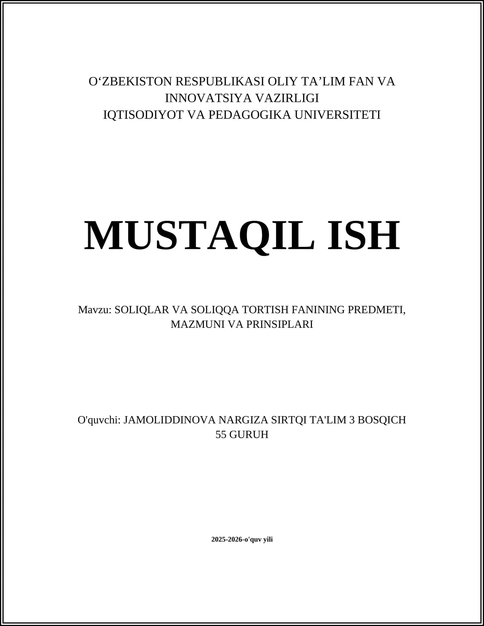 SOLIQLAR VA SOLIQQA TORTISH FANINING PREDMETI, MAZMUNI VA PRINSIPLARI 1