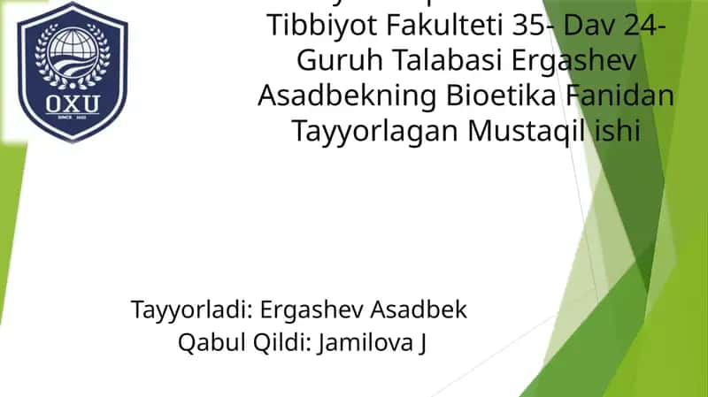 Bioetika Fanidan Mustaqil ish 1