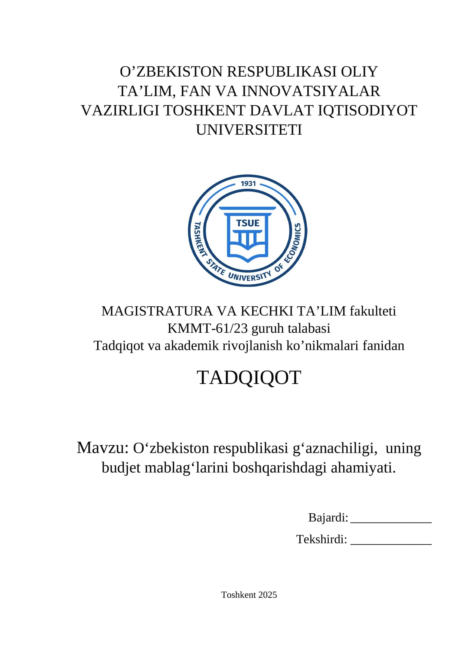Oʻzbekiston respublikasi gʻaznachiligi, uning budjet mablagʻlarini boshqarishdagi ahamiyati 1