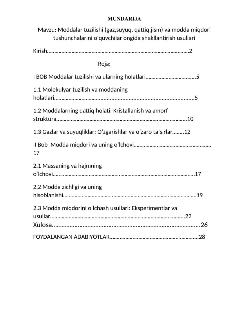 Moddalar tuzilishi (gaz,suyuq, qattiq,jism) va modda miqdori tushunchalarini oʻquvchilar ongida shakllantirish usullari 1