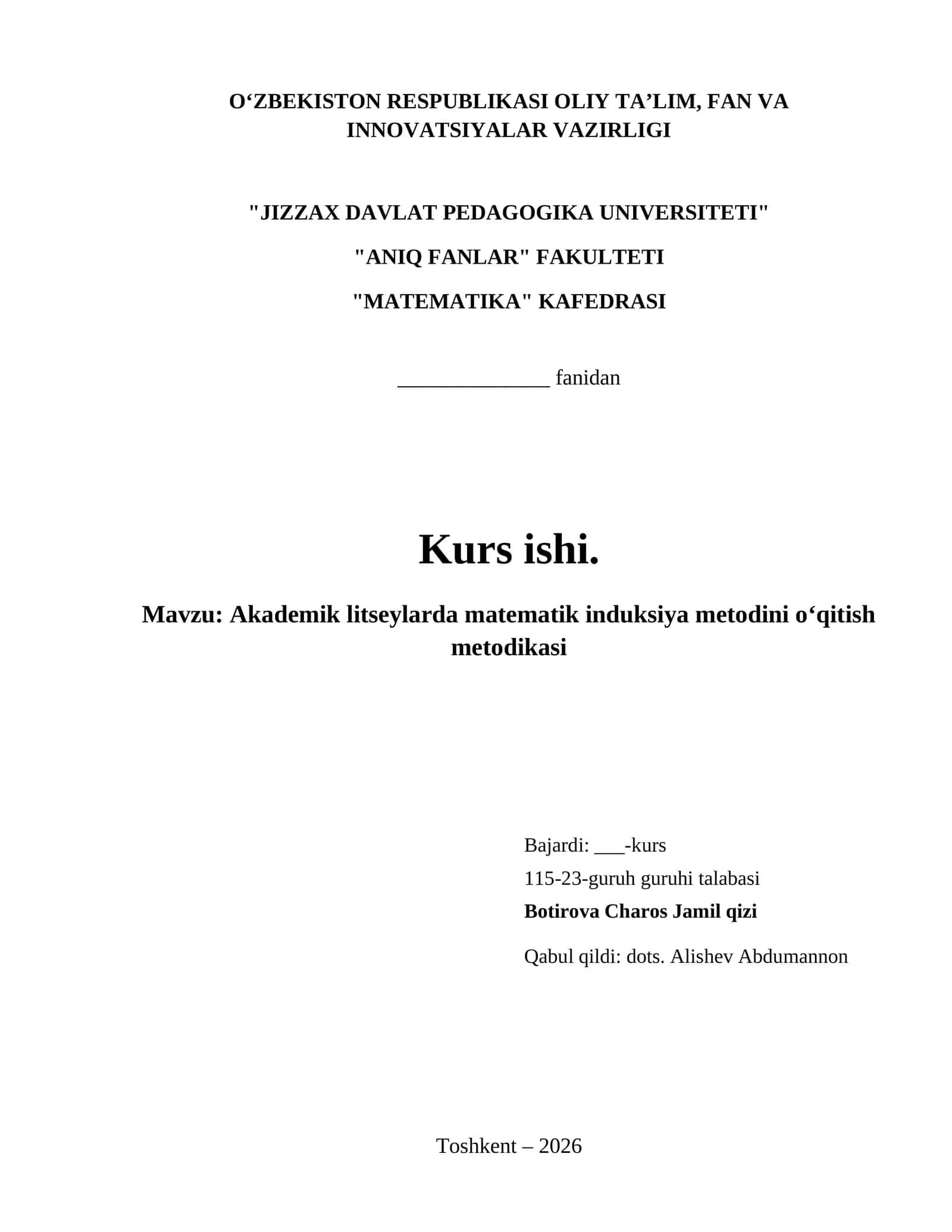 Akademik litseylarda matematik induksiya metodini oʻqitish metodikasi 1