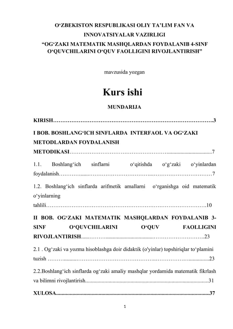OG‘ZAKI MATEMATIK MASHQLARDAN FOYDALANIB 4-SINF O‘QUVCHILARINI O‘QUV FAOLLIGINI RIVOJLANTIRISH 1