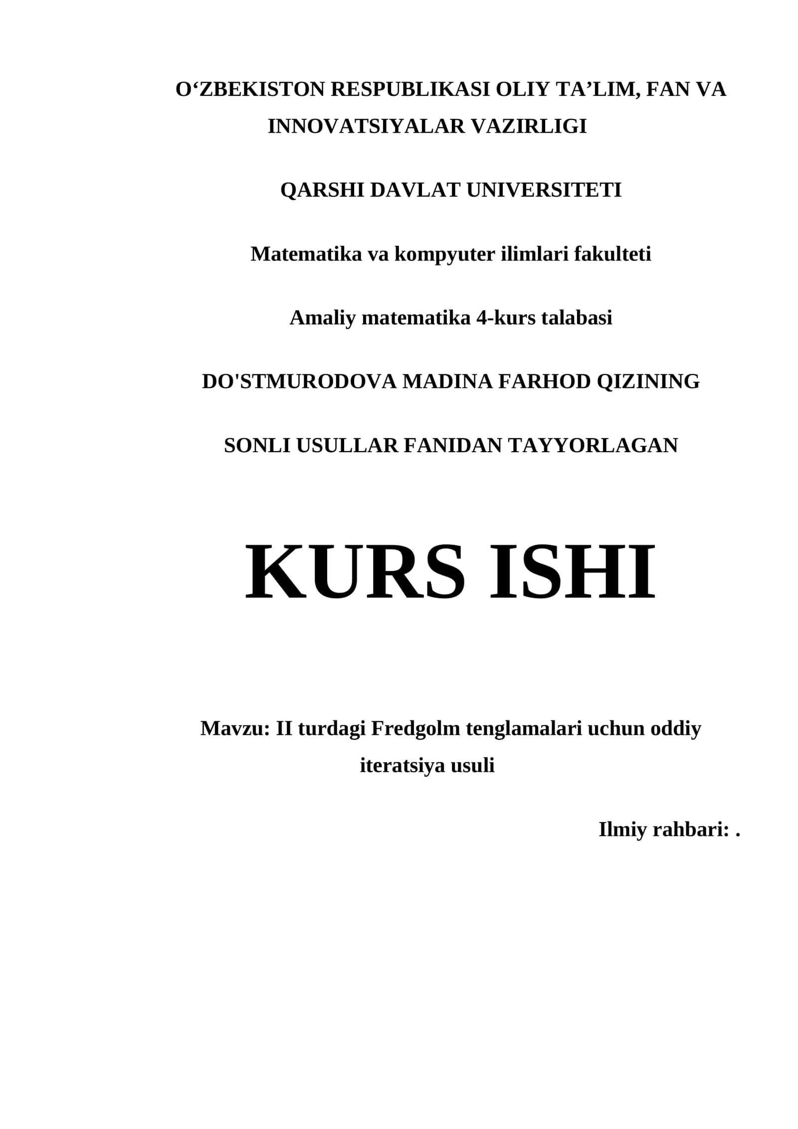 KURS ISHI: II TURDAGI FREDGOLM TENGLAMALARI UCHUN ODDIY ITERATSIYA USULI 1