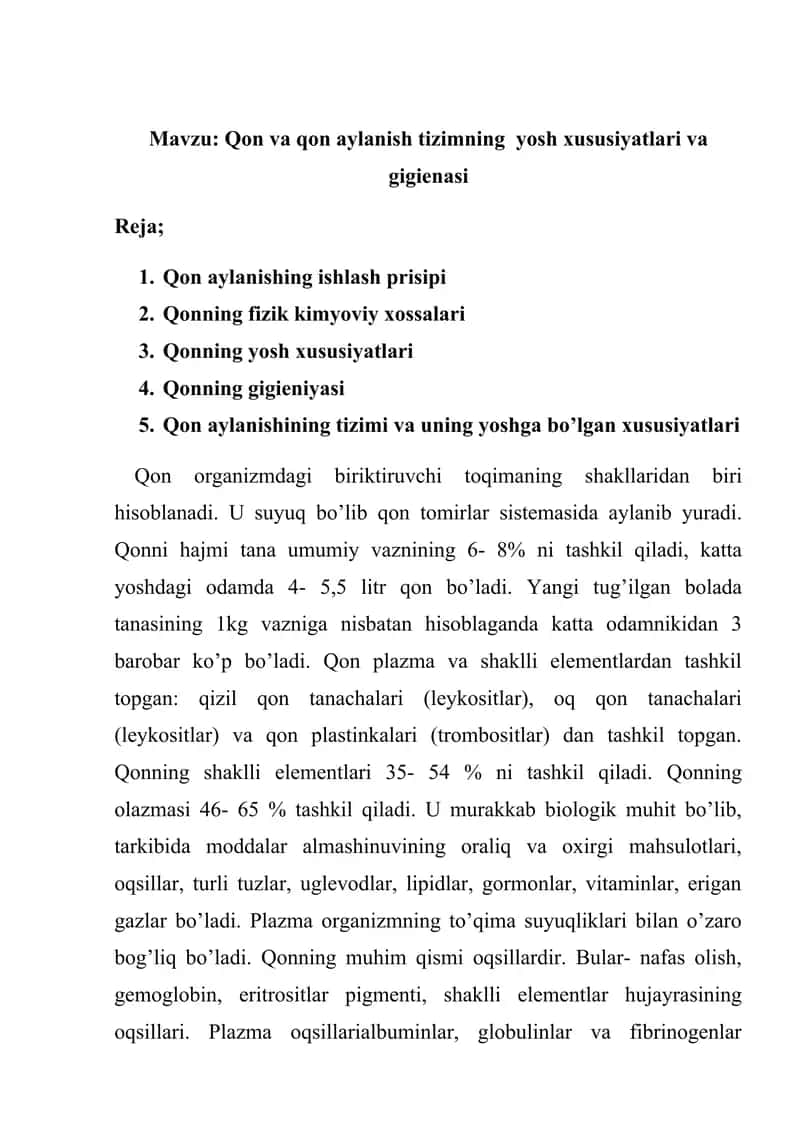 Qon va qon aylanish tizimning yosh xususiyatlari va gigienasi 1
