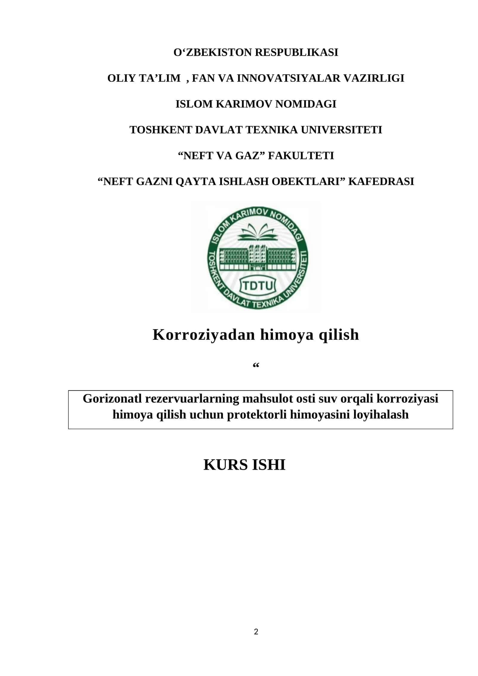 Gorizonatl rezervuarlarning mahsulot osti suv orqali korroziyasi himoya qilish uchun protektorli himoyasini loyihalash 1