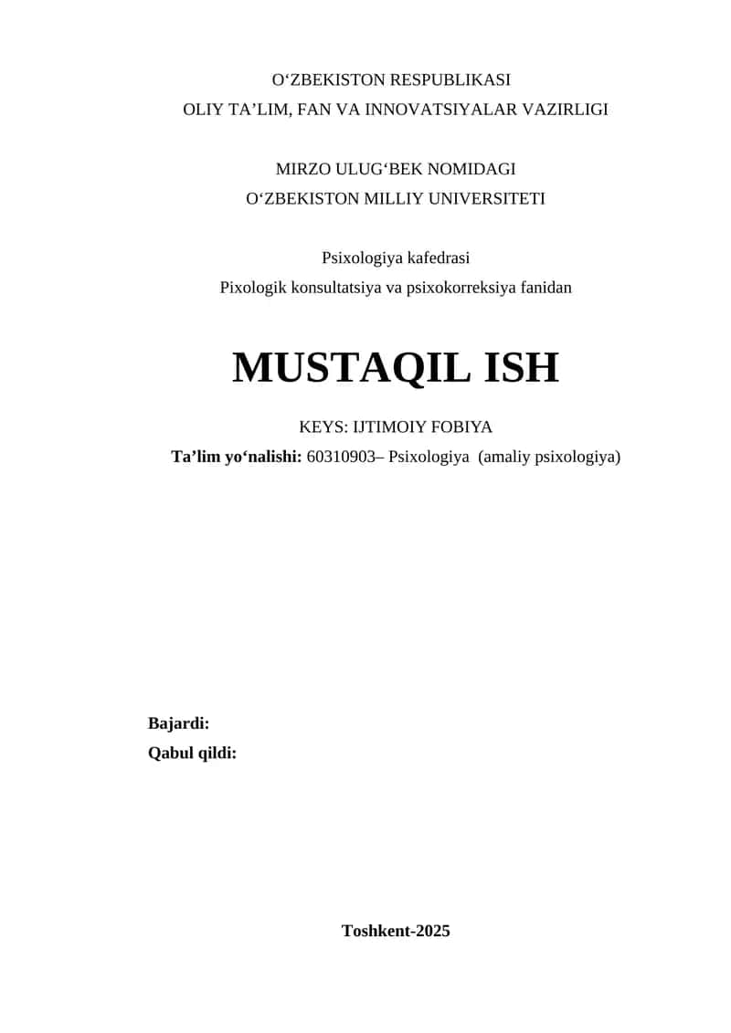 Psixologik konsultatsiya va psixokorreksiya fanidan MUSTAQIL ISH 1