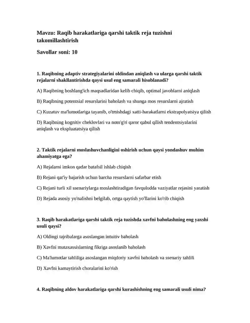 Raqib harakatlariga qarshi taktik reja tuzishni takomillashtirish
