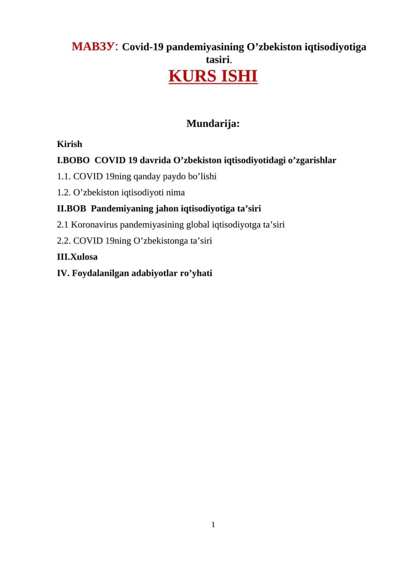 Covid-19 pandemiyasining O’zbekiston iqtisodiyotiga tasiri 1