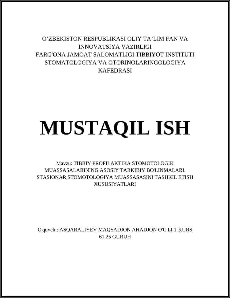 TIBBIY PROFILAKTIKA STOMOTOLOGIK MUASSASALARINING ASOSIY TARKIBIY BO'LINMALARI 1