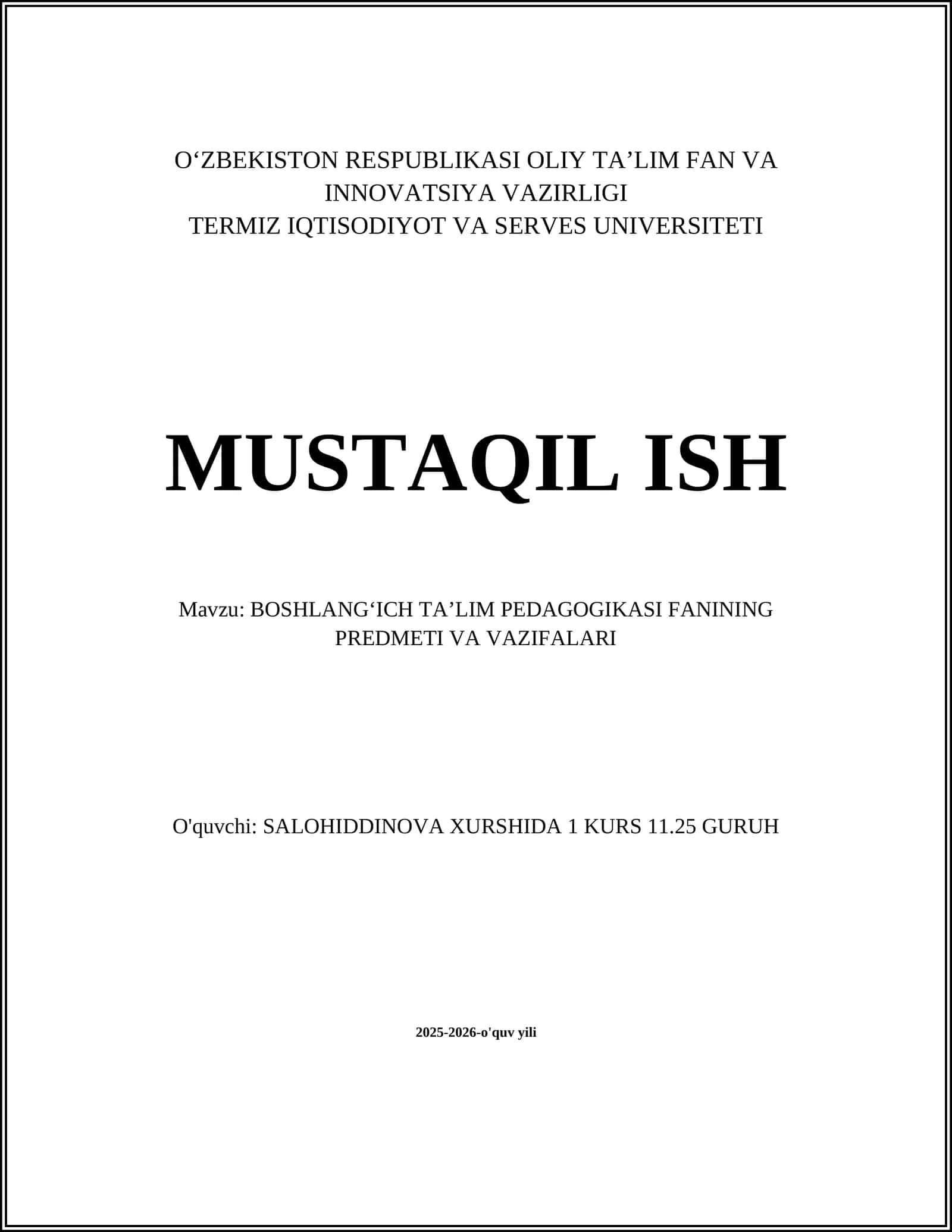 BOSHLANGʻICH TAʼLIM PEDAGOGIKASI FANINING PREDMETI VA VAZIFALARI 1