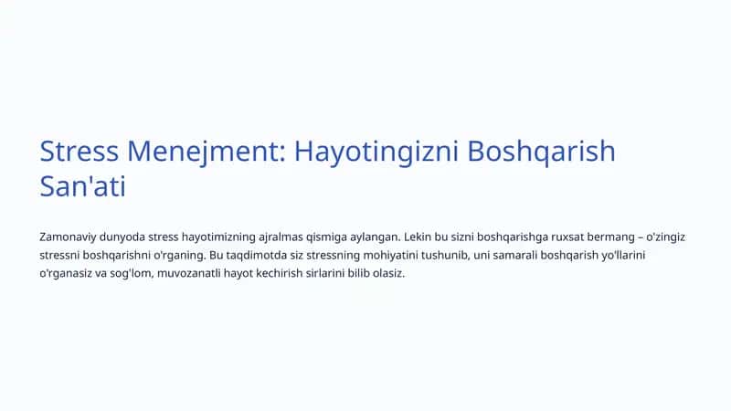 Stress Menejment: Hayotingizni Boshqarish San'ati 1