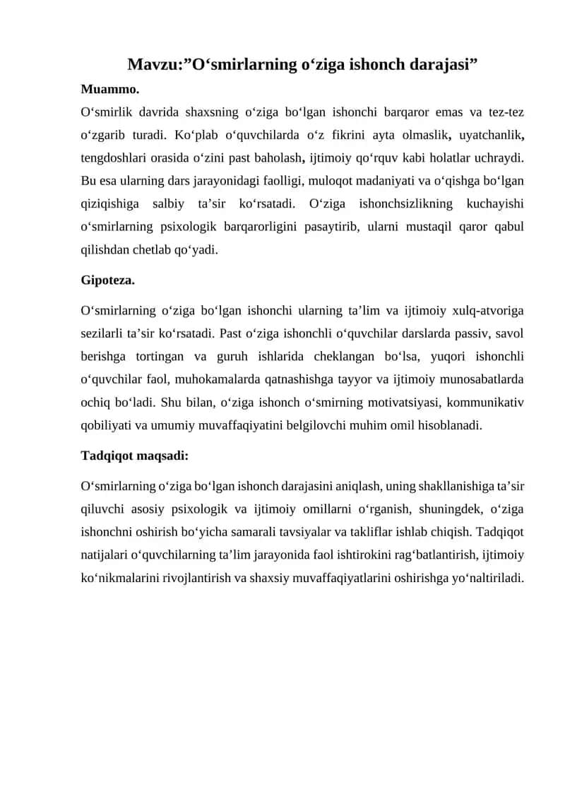 O‘smirlikning o‘ziga ishonch darajasi 1