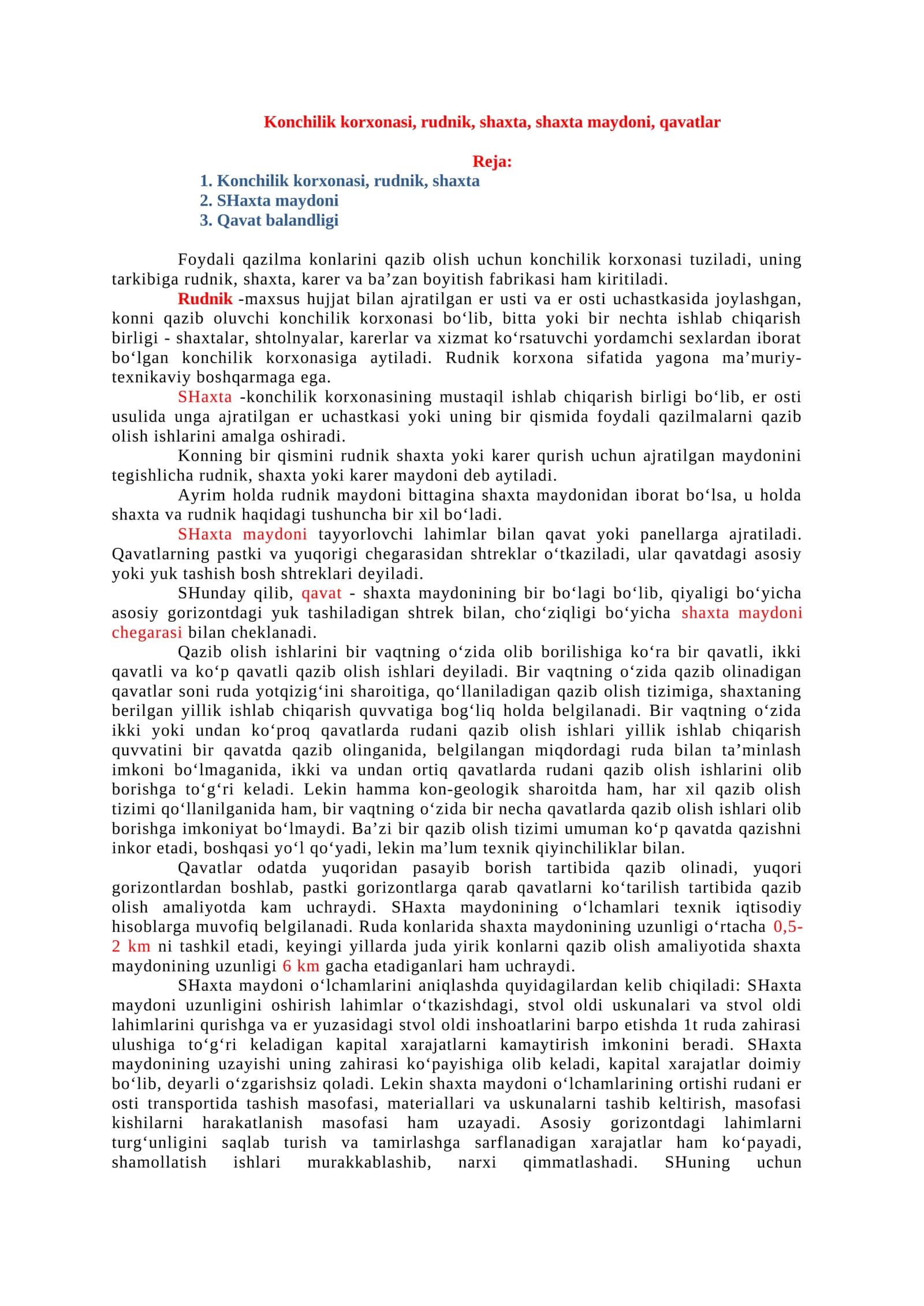 Konchilik korxonasi, rudnik, shaxta, shaxta maydoni, qavatlar 1
