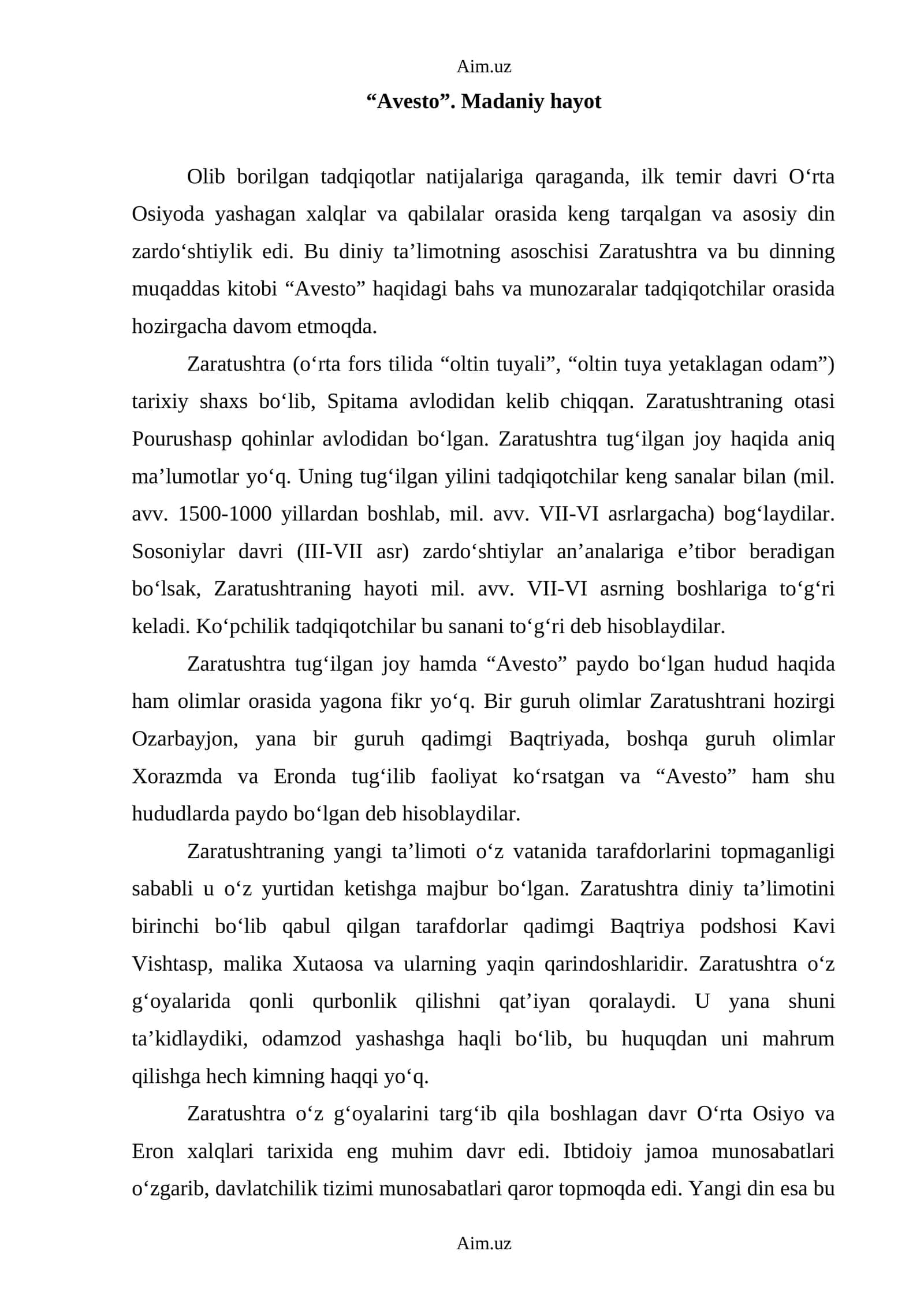 "Avesto". Madaniy hayot 1