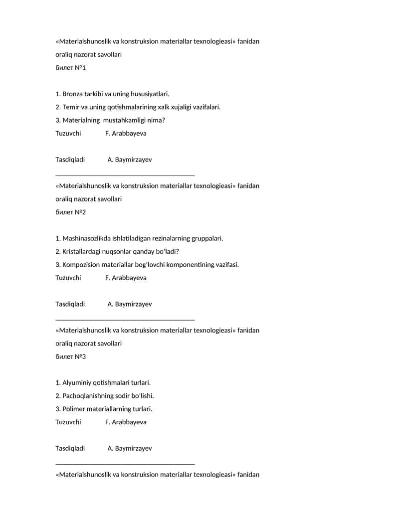 Materialshunoslik va konstruksion materiallar texnologieasi fanidan oraliq nazorat savollari 1