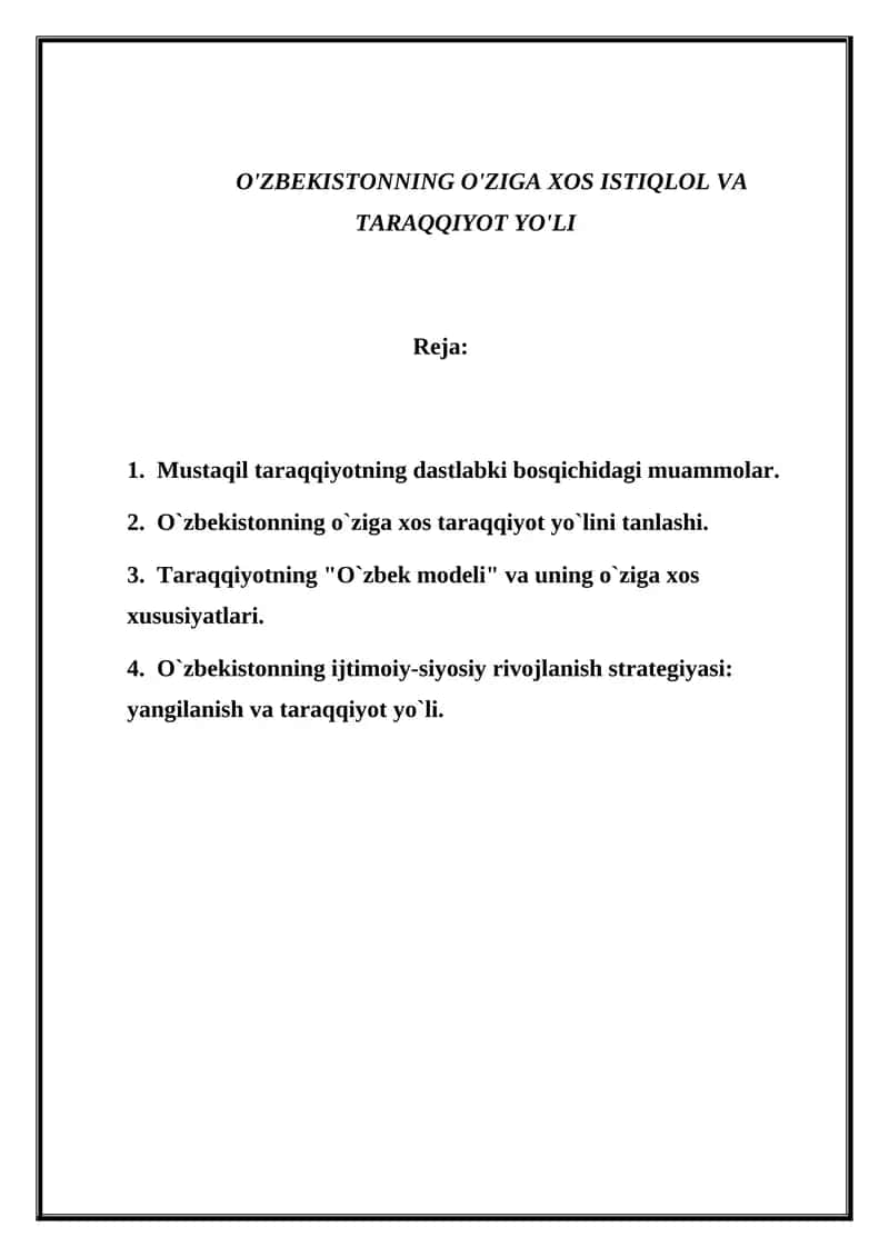 O'zbekistonning O'ziga Xos Istiqlol va Taraqqiyot Yo'li 1