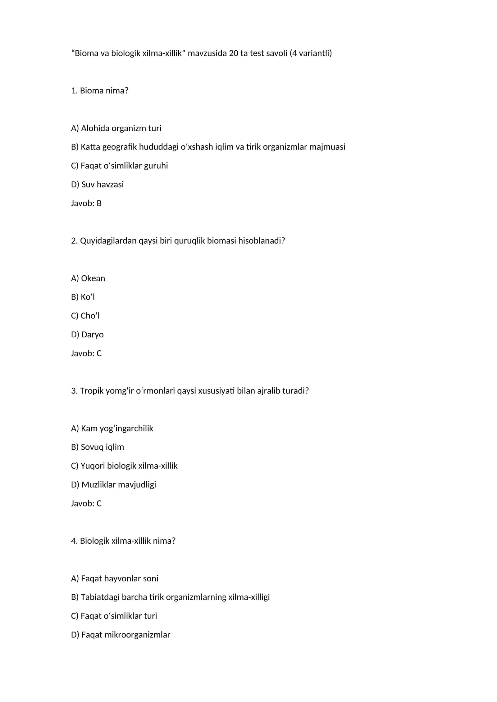 Bioma va biologik xilma-xillik test savollari 1