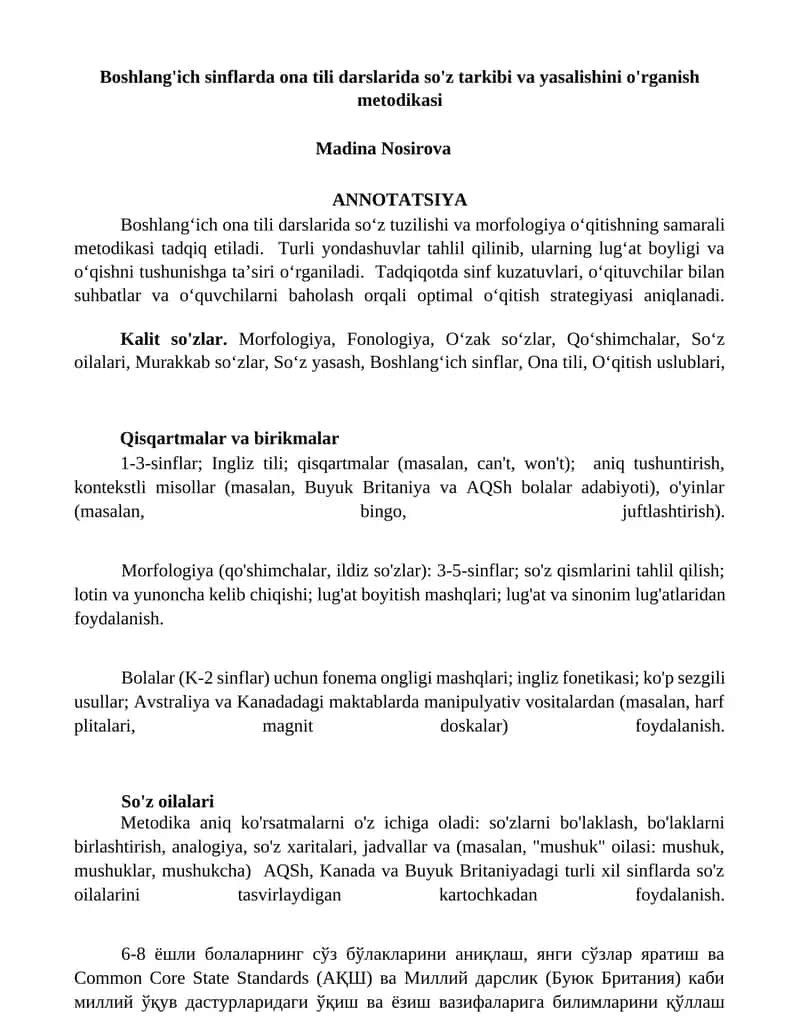Boshlang'ich sinflarda ona tili darslarida so'z tarkibi va yasalishini o'rganish metodikasi 1