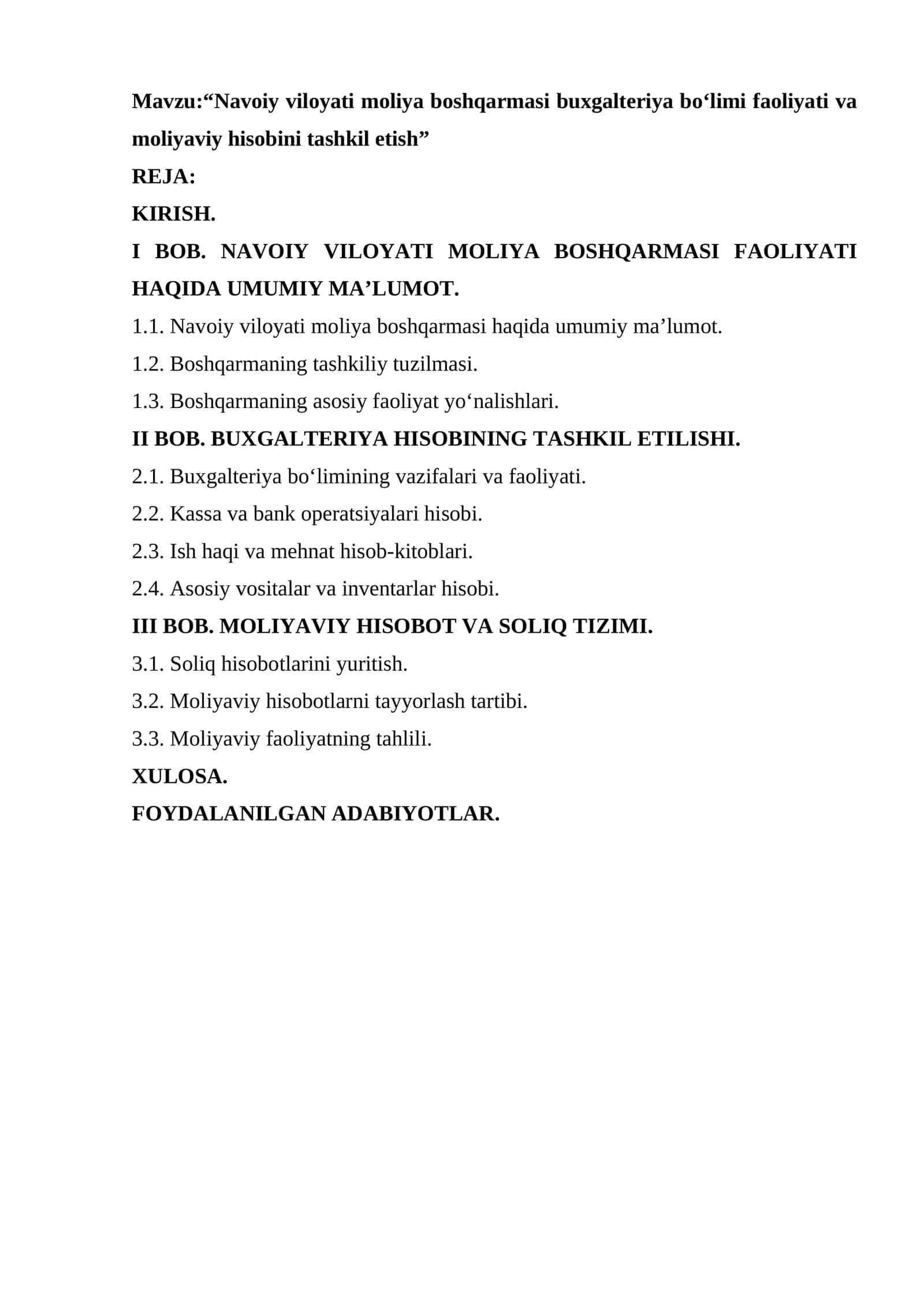 Navoiy viloyati moliya boshqarmasi buxgalteriya bo‘limi faoliyati va moliyaviy hisobini tashkil etish 1