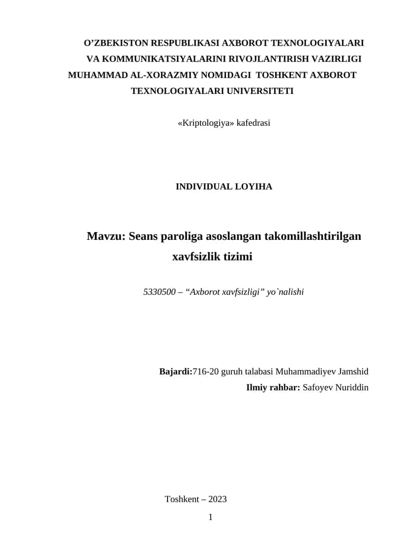Seans paroliga asoslangan takomillashtirilgan xavfsizlik tizimi 1