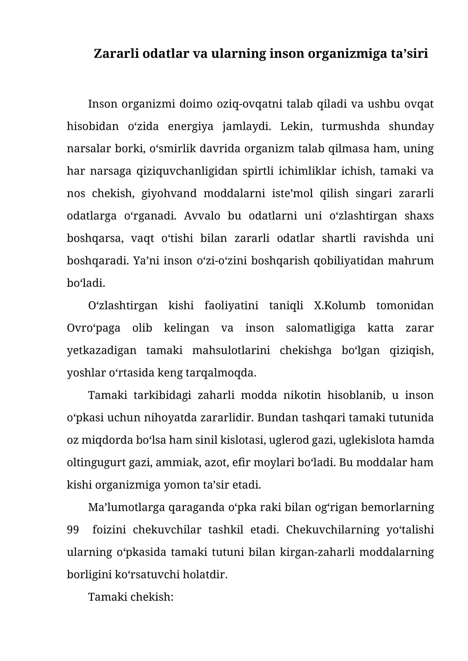 Zararli odatlar va ularning inson organizmiga ta’siri 1