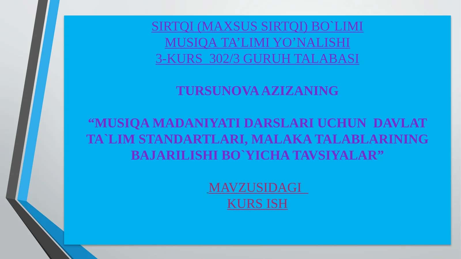MUSIQA MADANIYATI DARSLARI UCHUN DAVLAT TA`LIM STANDARTLARI, MALAKA TALABLARINING BAJARILISHI BO`YICHA TAVSIYALAR 1