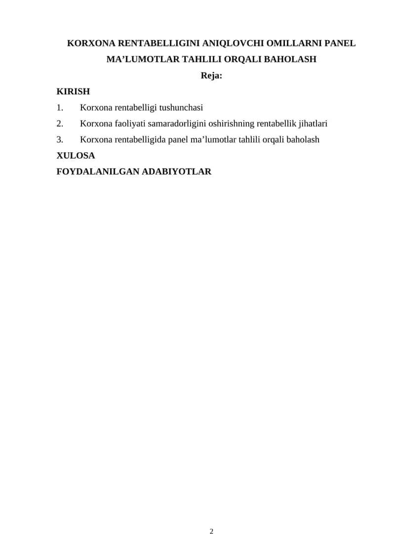 KORXONA RENTABELLIGINI ANIQLOVCHI OMILLARNI PANEL MA’LUMOTLAR TAHLILI ORQALI BAHOLASH 1