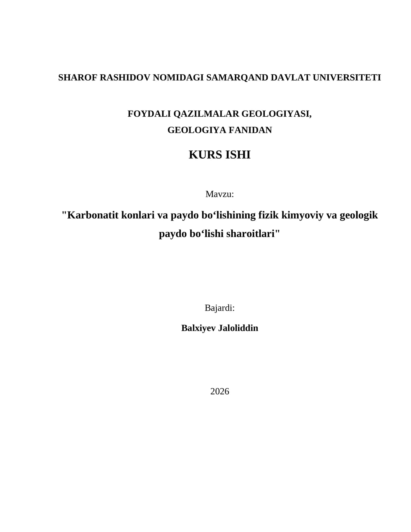 KARBONATIT KONLARI VA PAYDO BO‘LISHINING FIZIK KIMYOVIY VA GEOLOGIK PAYDO BO‘LISHI SHAROITLARI 1