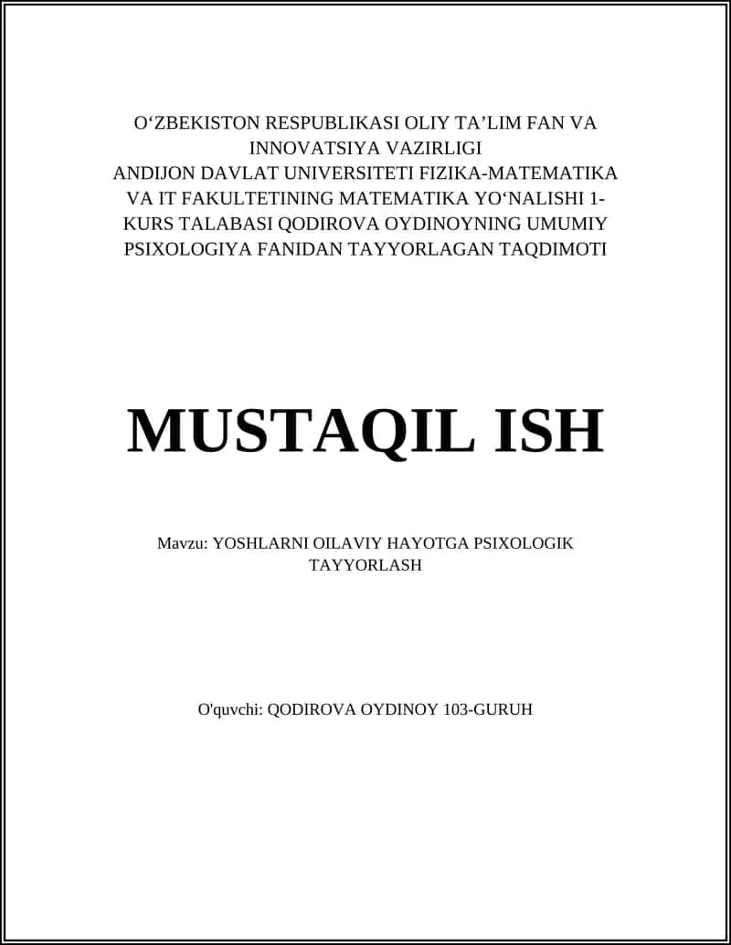 YOSHLARNI OILAVIY HAYOTGA PSIXOLOGIK TAYYORLASH 1