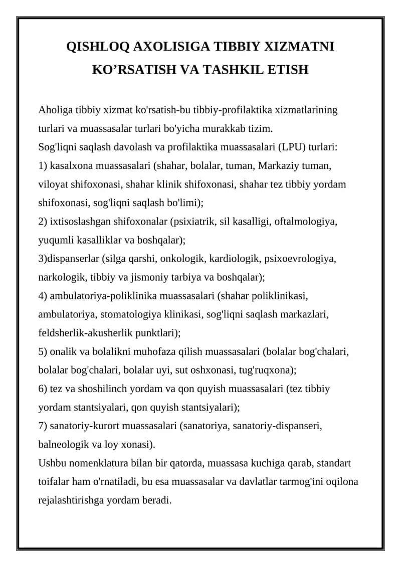 QISHLOQ AXOLISIGA TIBBIY XIZMATNI KO’RSATISH VA TASHKIL ETISH 1